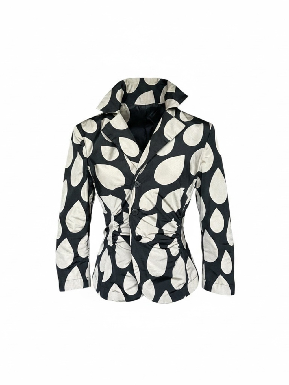 Comrags Black & Cream Abstract Print Ruched Blazer Jacket Size Small
